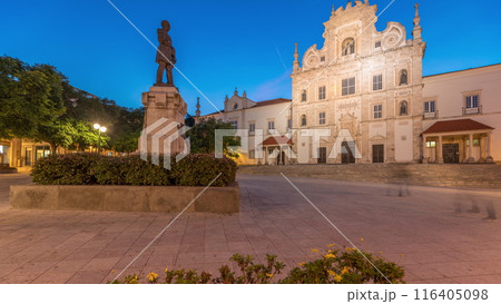 Panorama showing Sa da Bandeira Square with a view of the Santarem See Cathedral day to night timelapse. Portugal 116405098