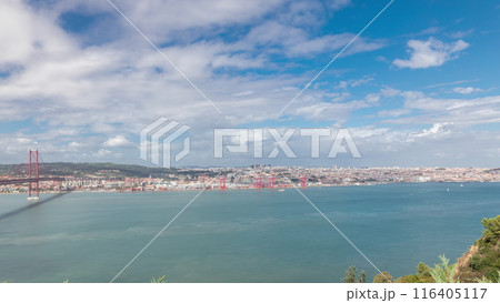 Panorama showing Lisbon cityscape and Tagus river timelapse with 25 of April bridge Panorama showing Lisbon cityscape and Tagus river timelapse with 25 of April bridge 116405117