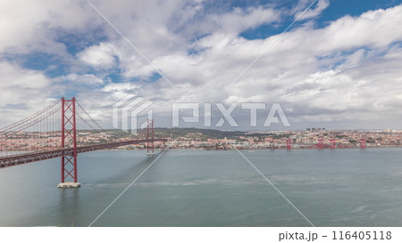Panorama showing Lisbon cityscape and Tagus river timelapse with 25 of April bridge Panorama showing Lisbon cityscape and Tagus river timelapse with 25 of April bridge 116405118