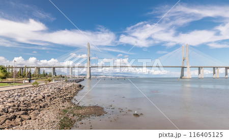 Panorama showing the Vasco da Gama Bridge timelapse in Lisbon, Portugal 116405125