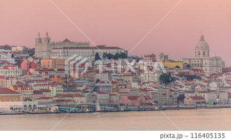 Panorama of Lisbon historical center and ferry terminal Terreiro do Paco aerial timelapse during sunset from above. Portugal 116405135