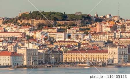 The Commercial Square with crowd aerial timelapse, Castle Hill and Alfama district of Lisbon, Portugal 116405138