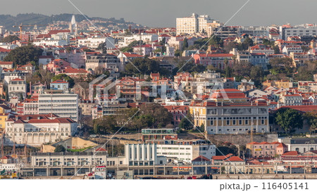 Aerial view of Lisbon with National Museum of Ancient Art near viewpoint with restaurant timelapse. Portugal 116405141