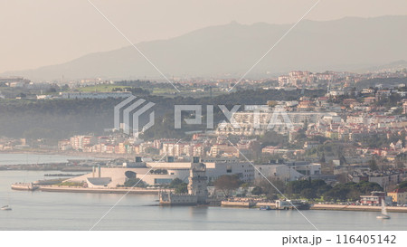 Aerial view of Belem Tower timelapse, one the most famous landmark in the city of Lisbon, Portugal. 116405142
