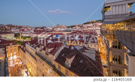 Panorama showing Alfama and Baixa districts of Lisbon aerial day to night timelapse, Portugal 116405169