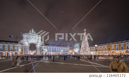 Panorama showing Commerce square illuminated and decorated at Christmas time in Lisbon night timelapse. Portugal 116405172