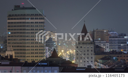 The Areeiro area of Lisbon with residential and office buildings night timelapse, Portugal 116405173