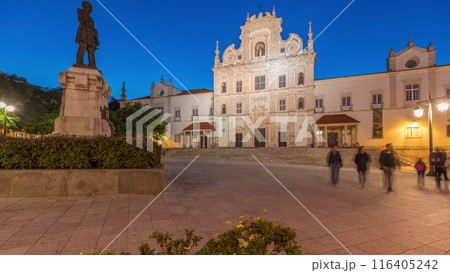 Panorama showing Sa da Bandeira Square with a view of the Santarem See Cathedral day to night timelapse. Portugal Panorama showing Sa da Bandeira Square with a view of the Santarem See Cathedral day to night timelapse. Portugal 116405242
