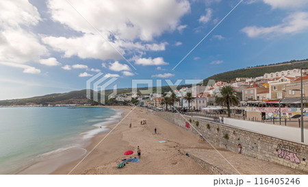 Panorama showing aerial view of Sesimbra Town and seaside timelapse, Portugal. 116405246