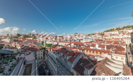 Panorama showing Alfama and Baixa districts of Lisbon aerial timelapse from anta Justa lift, Portugal 116405264