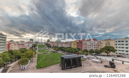 Panorama showing aerial view of Jardim da Alameda in Lisbon with the Luminous Fountain timelapse during sunset. Panorama showing aerial view of Jardim da Alameda in Lisbon with the Luminous Fountain timelapse during sunset. 116405266