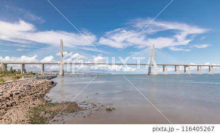 Panorama showing the Vasco da Gama Bridge timelapse in Lisbon, Portugal 116405267