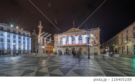 Panorama showing Municipal square with City Hall architecture decorated for Christmas and night celebrations night timelapse. Lisbon, Portugal Panorama showing Municipal square with City Hall architecture decorated for Christmas and night celebrations night timelapse. Lisbon, Portugal 116405289