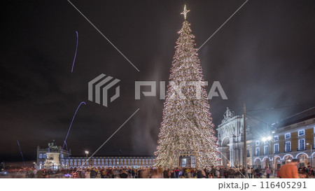 Panorama showing Commerce square illuminated and decorated at Christmas time in Lisbon night timelapse. Portugal Panorama showing Commerce square illuminated and decorated at Christmas time in Lisbon night timelapse. Portugal 116405291