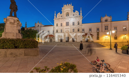 Panorama showing Sa da Bandeira Square with a view of the Santarem See Cathedral day to night timelapse. Portugal 116405340