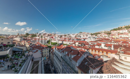 Panorama showing Alfama and Baixa districts of Lisbon aerial timelapse from anta Justa lift, Portugal 116405362