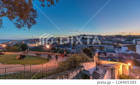 Panorama showing Jardim do Torel day to night timelapse with views to the city center of Lisbon after sunset. Portugal 116405385