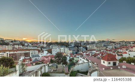 Panorama showing Jardim do Torel timelapse with views to the city center of Lisbon during sunset. Portugal Panorama showing Jardim do Torel timelapse with views to the city center of Lisbon during sunset. Portugal 116405386