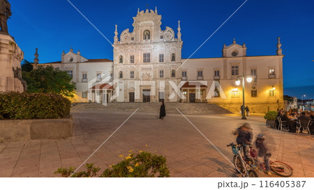 Panorama showing Sa da Bandeira Square with a view of the Santarem See Cathedral day to night timelapse. Portugal 116405387