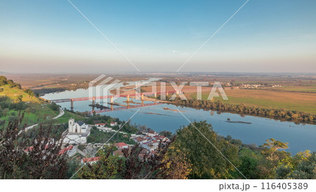 Panorama showing the Castle of Almourol on hill in Santarem aerial timelapse. Portugal Panorama showing the Castle of Almourol on hill in Santarem aerial timelapse. Portugal 116405389