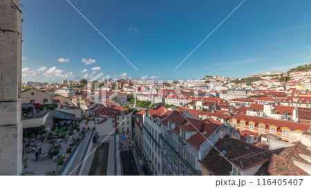 Panorama showing Alfama and Baixa districts of Lisbon aerial timelapse from anta Justa lift, Portugal 116405407
