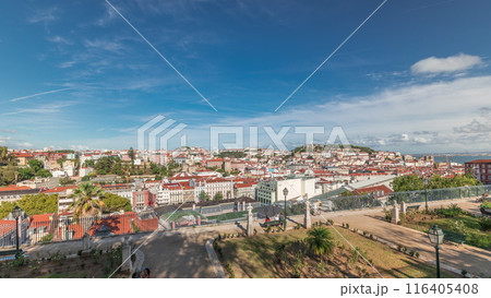 Panorama showing aerial view over the center of Lisbon timelapse from Miradouro de Sao Pedro de Alcantara Panorama showing aerial view over the center of Lisbon timelapse from Miradouro de Sao Pedro de Alcantara 116405408