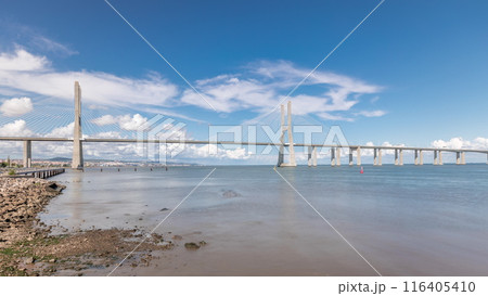 Panorama showing the Vasco da Gama Bridge timelapse in Lisbon, Portugal 116405410