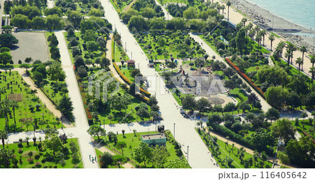 Beautiful green public park, Lech and Maria Kaczynski Park in Batumi, Georgia. Aerial view 116405642