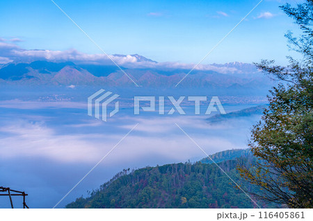 【雲海素材】秋の長峰山から見た松本平の雲海【長野県】 116405861