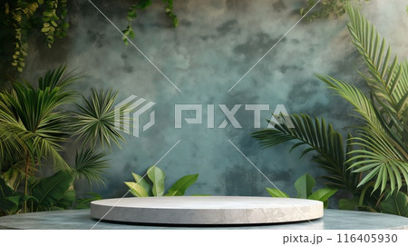 Product display podium on marble table in front of green tropical plants 116405930