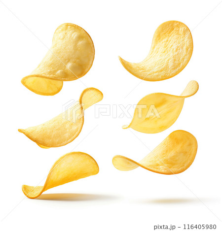Levitating potato chips isolated on a white background Levitating potato chips isolated on a white background 116405980