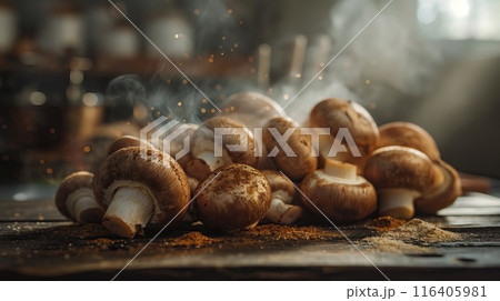 Champignon mushrooms on stone background. 116405981