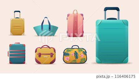 Colorful luggage set travel bags suitcases collection different styles modern design isolated on light background 116406175