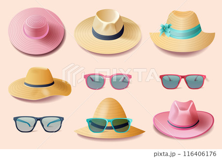 Summer hats and sunglasses collection featuring various styles and colors on a light background 116406176