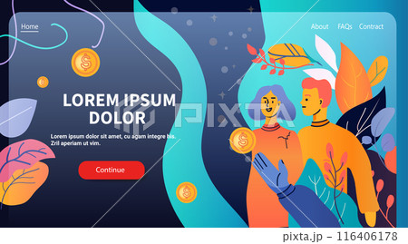 Digital economy concept with people and coins vibrant colors abstract shapes leaves website design template 116406178