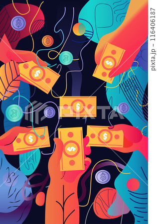 Hands holding money digital currency concept. Vibrant colorful hands holding dollar bills with digital currency symbols floating on a dark background Hands holding money digital currency concept. Vibrant colorful hands holding dollar bills with digital currency symbols floating on a dark background 116406187