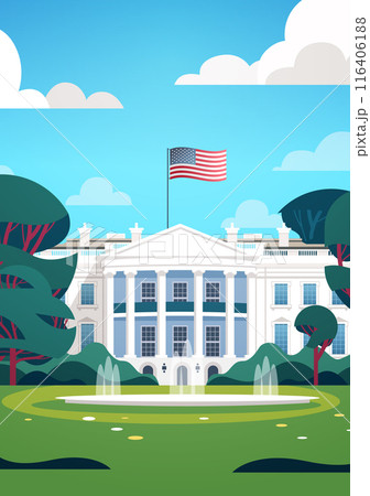 White House US presidential election illustration featuring the White House with an American flag on top surrounded by trees under a clear blue sky White House US presidential election illustration featuring the White House with an American flag on top surrounded by trees under a clear blue sky 116406188