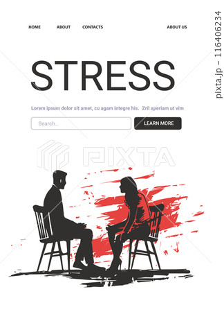 Stress Mental Health Concept two people sitting facing each other on chairs discussing with red abstract background website design Stress Mental Health Concept two people sitting facing each other on chairs discussing with red abstract background website design 116406234