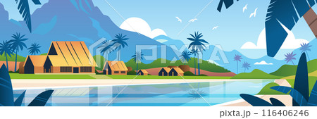 Tropical beach village huts palm trees mountains serene lagoon clouds birds landscape banner 116406246