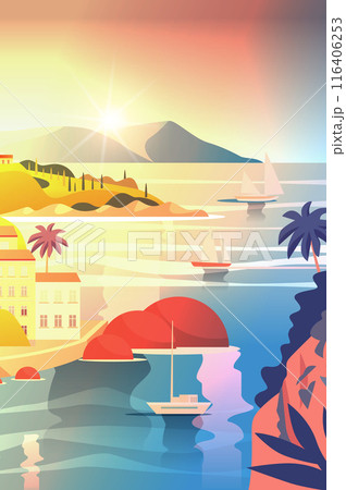 Sunset coastal landscape with sailboats mountains and buildings vibrant colors serene ocean scene bright sky hills modern design elements for travel backgrounds Sunset coastal landscape with sailboats mountains and buildings vibrant colors serene ocean scene bright sky hills modern design elements for travel backgrounds 116406253