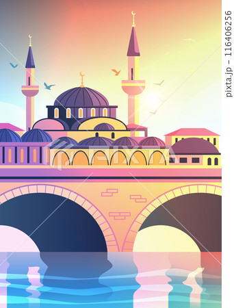 Istanbul skyline mosque bridge sunset colorful architecture birds water reflection Istanbul skyline mosque bridge sunset colorful architecture birds water reflection 116406256
