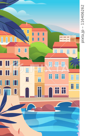 Mediterranean coastal town colorful buildings scenic landscape with hills sea and palm leaves vibrant architecture travel concept background 116406262