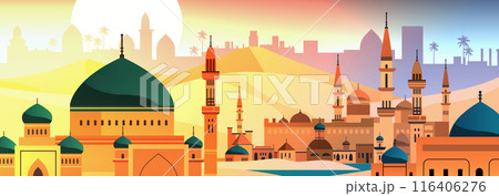 Middle Eastern cityscape mosque domes minarets desert sunset palm trees colorful gradient background travel destination banner design 116406276