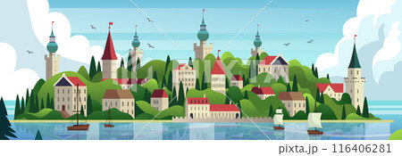 Castle town landscape with sailboats Towering castles and buildings on lush green hills by the water with sailboats clouds and birds in the sky Castle town landscape with sailboats Towering castles and buildings on lush green hills by the water with sailboats clouds and birds in the sky 116406281