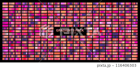 Red, violet glossy gradient, metal foil texture. Sunset color swatch set, summer vibes. Collection of high quality gradients. Shiny metallic background. Design element. Vector illustration 116406303