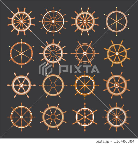 Wooden vintage steering wheels. Ship, sailboat or yacht retro wheel symbol. Brown nautical rudder icon. Marine logotype design element. Vector illustration Wooden vintage steering wheels. Ship, sailboat or yacht retro wheel symbol. Brown nautical rudder icon. Marine logotype design element. Vector illustration 116406304