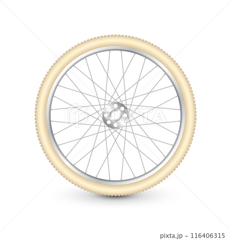 Realistic 3d retro bicycle wheel. Bike rubber tire, shiny metal spokes and rim. Fitness cycle, touring, sport, road and mountain bike. Vector illustration 116406315