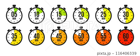 Stopwatch icons. Colorful simple chronometer, time counter with dial. Countdown timer showing hours and minutes. Deadline, measurement for sport. Cooking time label, sticker. Vector illustration 116406339