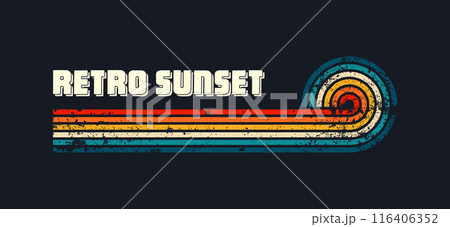 Grunge horizontal vintage sunsets. Various colorful striped sunrise badges in 80s and 90s style. Sun and ocean view, summer vibes, surfing. Design element, print, logo or t-shirt. Vector illustration 116406352