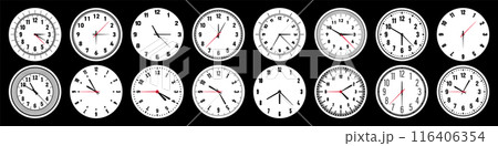 Mechanical clock faces with hands, bezel. Watch dial with minute, hour marks and numbers, arabic numerals. Timer or stopwatch element. Measuring circle scale with divisions. Vector illustration Mechanical clock faces with hands, bezel. Watch dial with minute, hour marks and numbers, arabic numerals. Timer or stopwatch element. Measuring circle scale with divisions. Vector illustration 116406354